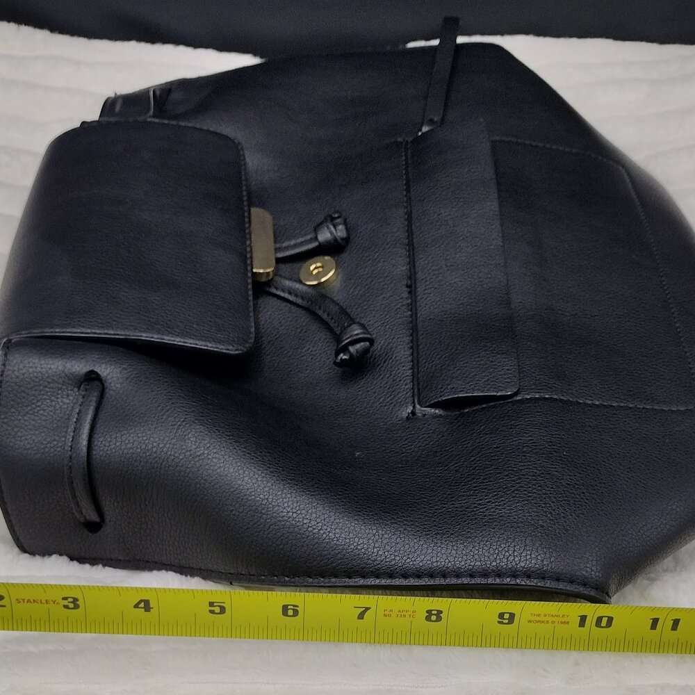 Zara Black Faux Leather Backpack Gold Hardware Flap Drawstring Adjustable Straps - Picture 4 of 13